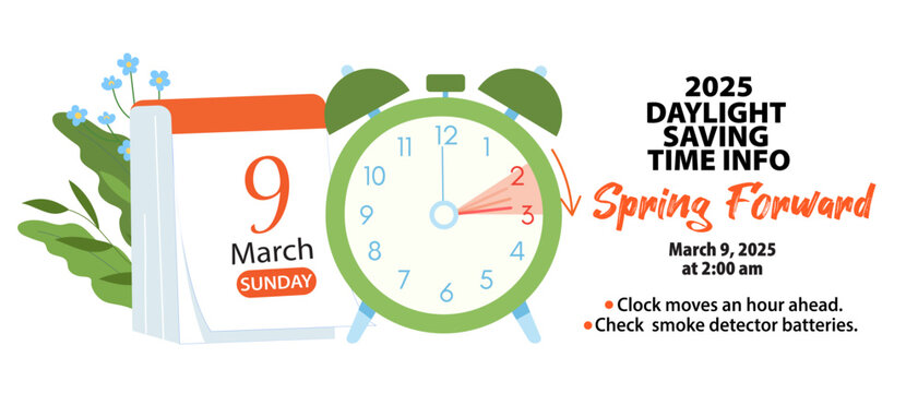 Daylight saving time, 2025 concept. Alarm clock and calendar with the date of March 9, Spring Forward reminder banner with text - change your clocks. vector illustration - Powered by Adobe