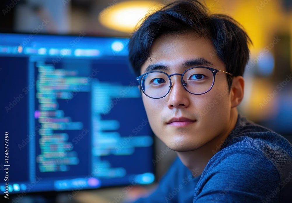 Aufkleber young asian man in glasses focused on computer coding with colorful screen displaying program code i