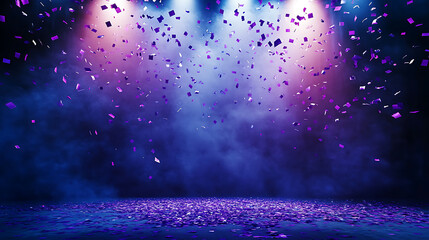 A dark room with a blue background and purple confetti falling from the ceiling. high resolution AI Generative image
