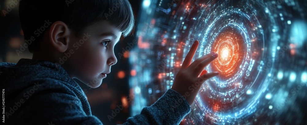 Poster young boy interacting with futuristic glowing digital interface in a dark environment, exploring adv