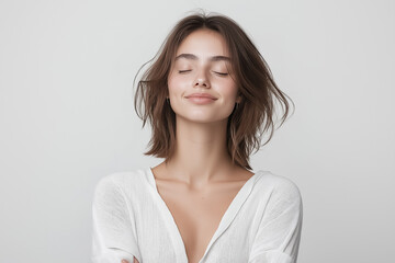 Obraz premium A studio portrait of a woman with a peaceful expression, her eyes closed and a slight smile