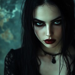 Fototapeta premium Mysterious Woman with Dark Hair and Intense Gaze.