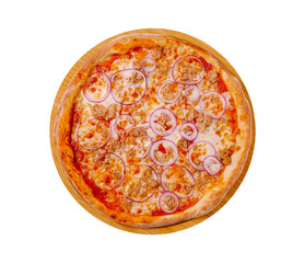 Delicious pizza topped with cheese, onions, and savory meat on a wooden board