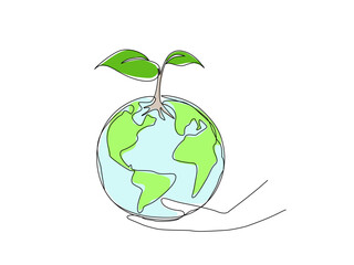 Minimalist continuous one-line drawing of a hand holding the Earth with a sprouting plant, symbolizing sustainability, environmental care, and ecological balance, Vector illustration, Editable stroke