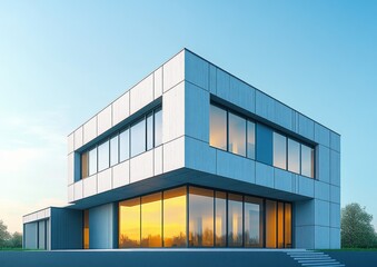 Fototapeta premium Modern Architectural Business Building Minimalist Style Golden Hour Lighting