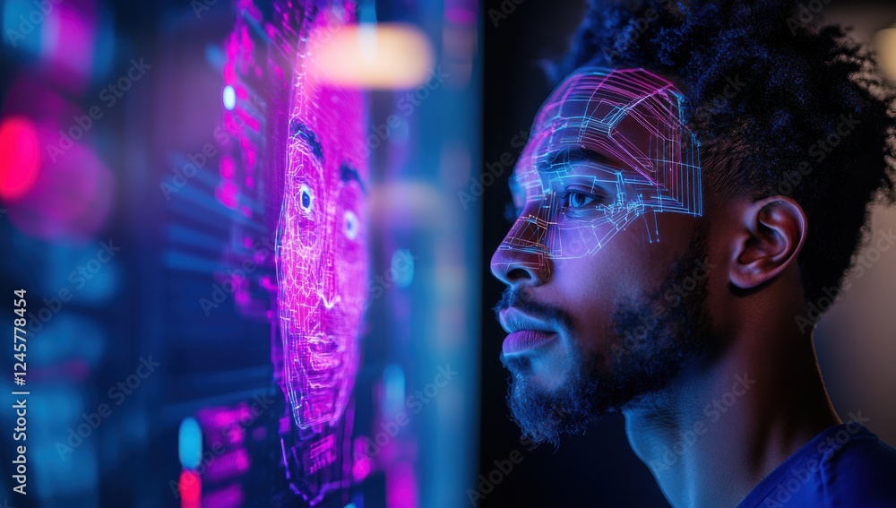 Aufkleber young man engaged in advanced facial recognition technology with digital patterns reflecting on his 