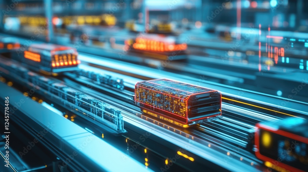 Poster A bird's-eye view of autonomous carts on a conveyor system, with vibrant data signals in the background, illustrating the efficient coordination of technology-driven systems.