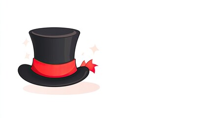 A whimsical black top hat with a red ribbon, set against a clean white background, ideal for magic themes