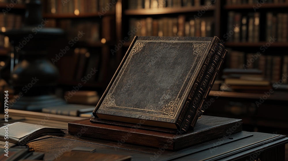 Poster a book with an eye-catching cover displayed on a book stand, inviting exploration and literary appre