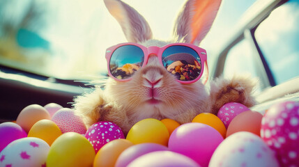Bunny with sunglasses in car filled with Easter eggs for Easter celebration