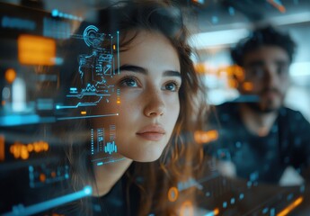 Young woman gazing thoughtfully at futuristic digital interface, displaying data analysis and technology trends in a modern workspace environment