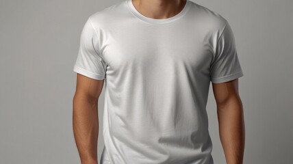 Close-up showcasing a man's torso in a plain white t-shirt on grey background