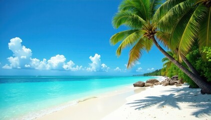 White sand beach, turquoise ocean, palm trees swaying gently, beautiful, serene, scenic