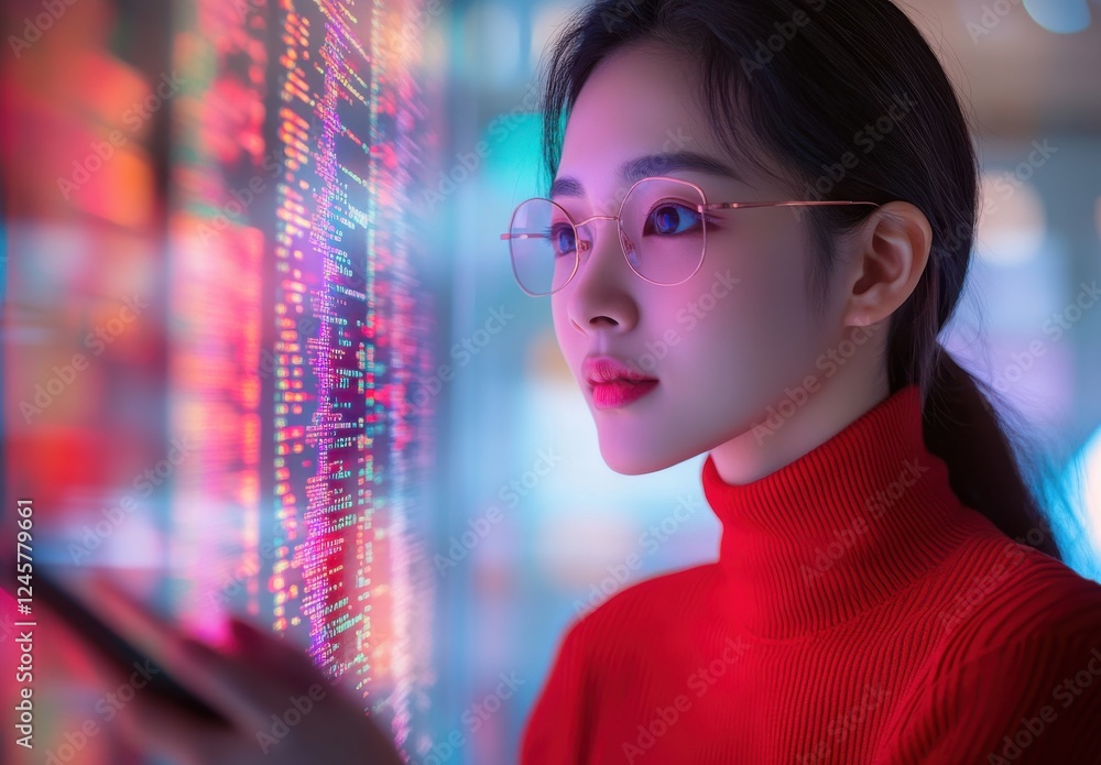 Poster young woman in red turtleneck analyzing data on digital screen with colorful graphs and numbers, sho