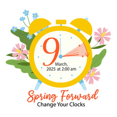 Daylight Saving Time Begins concept. Spring Forward Time banner with clocks moved forward one hour. Banner with calendar date for Canada and USA at march 9, 2025