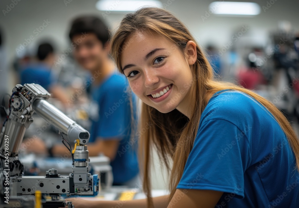 Poster young woman smiling while working on robotics project in a modern workshop, surrounded by classmates