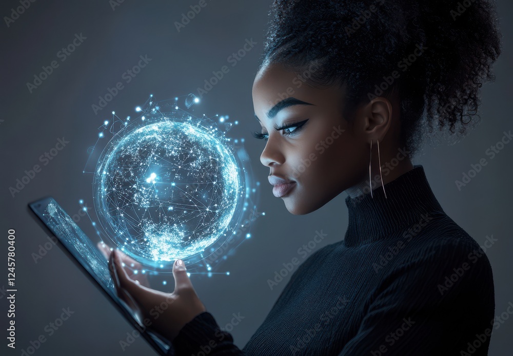 Poster young woman using tablet to explore digital world with glowing network connections and data visualiz