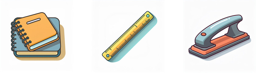 Stationery items depicting books, a ruler, and a hole puncher. Office and school supplies for studying, writing, and organizing documents and paperwork.
