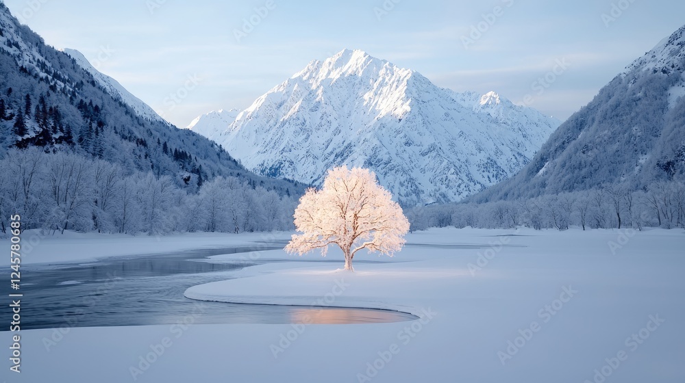 Wall mural Solitary snow-covered tree by winter river, majestic mountains backdrop, serene landscape