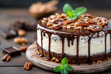 National Chocolate Caramel Day. A rich chocolate cheesecake topped with pecans, dripping chocolate ganache, and fresh mint on a wooden board.