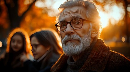 Fototapeta premium Golden Hour Family Portrait: Grandfather with Granddaughters in Autumn Park. A heartwarming scene of love, peace, and family bond during a beautiful sunset.