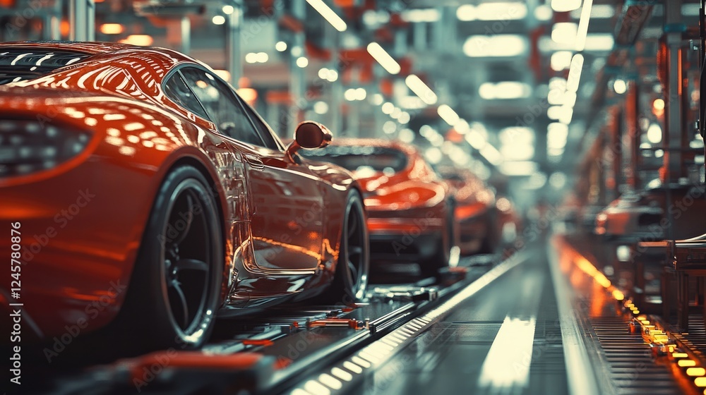 Poster a busy car manufacturing factory, with multiple vehicles in different stages of production on the as