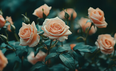 Close-up of peach-colored roses in full bloom with lush green leaves. This garden scene creates a warm, romantic atmosphere, ideal for floral designs or special event themes.