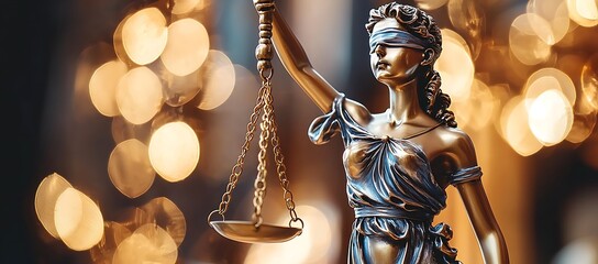 Bronze Lady Justice Statue Holding Scales of Justice Against Bokeh Lights