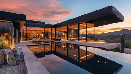 Fototapeta premium Desert modern home sunset pool reflection