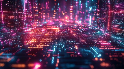 Obraz premium Futuristic Digital Cityscape Neon Lights and Circuitry.