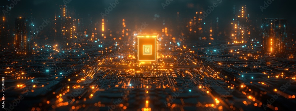 Poster futuristic ai chip in digital landscape with circuit patterns and neon lights