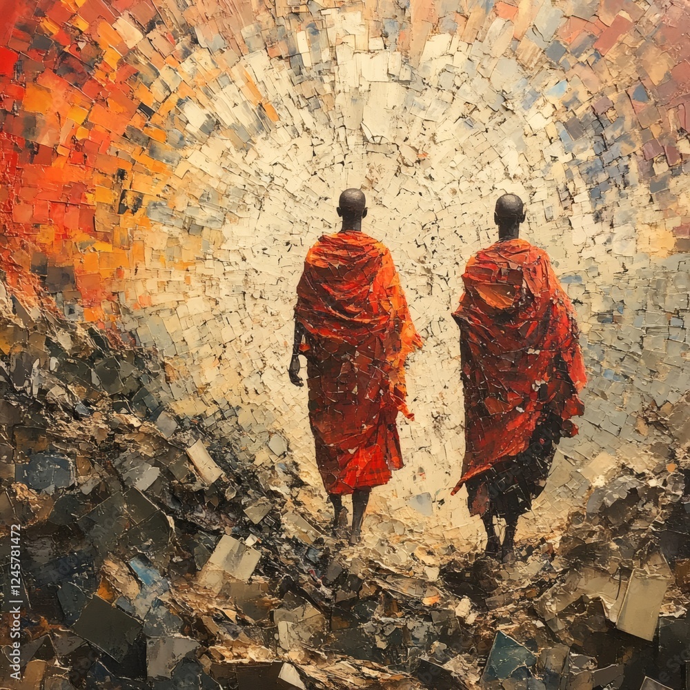 Poster maasai figures shukas disintegrating into stone fragments representing release and transformation th