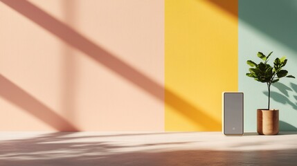 Serene Minimalist Room with Pastel Walls and Sunlight, Featuring a Potted Plant and Modern Speaker
