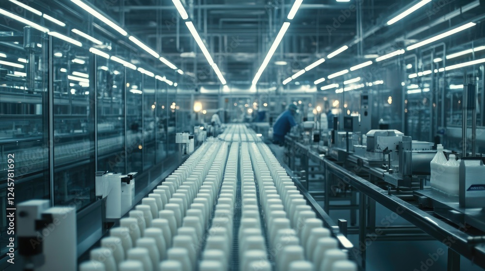 Poster A busy dairy factory production line with rows of milk bottles being processed, filled, and sealed for packaging, emphasizing automation and speed.