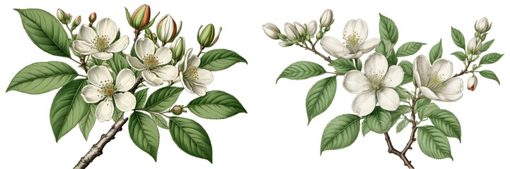 Watercolor Spring Floral with Green Leaves and Branch on a Set with Transparent Background