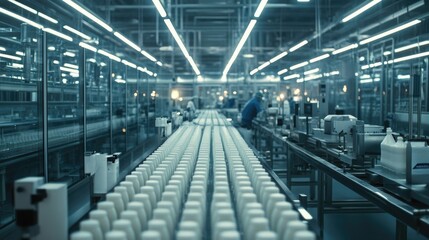 Fototapeta premium A busy dairy factory production line with rows of milk bottles being processed, filled, and sealed for packaging, emphasizing automation and speed.