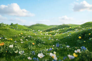Fototapeta premium A Field of Dreams: A captivating panorama of rolling hills, carpeted in vibrant green grass and dotted with a symphony of colorful wildflowers, evokes a sense of tranquility and natural beauty. 