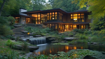 Modern house, twilight, woods, waterfall, pond, luxury real estate
