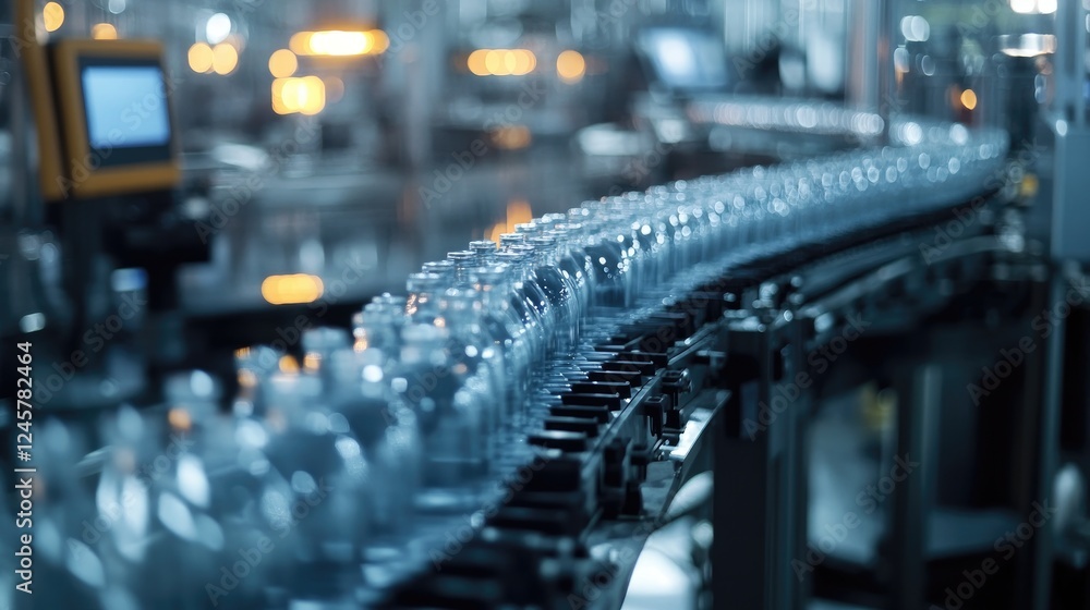 Poster a busy dairy factory production line with rows of milk bottles being processed, filled, and sealed f