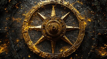 Obraz premium Golden Celestial Compass on Ancient Stone - Mystical Navigation Wheel.