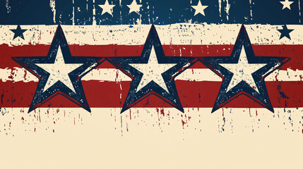 Three large white stars on a distressed red white and blue striped background creating a rustic patriotic vintage effect
