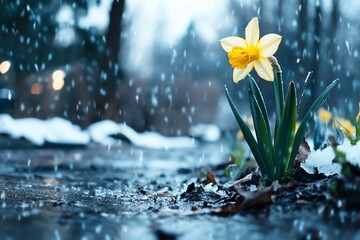Daffodil blooming in snowy park; spring arrival