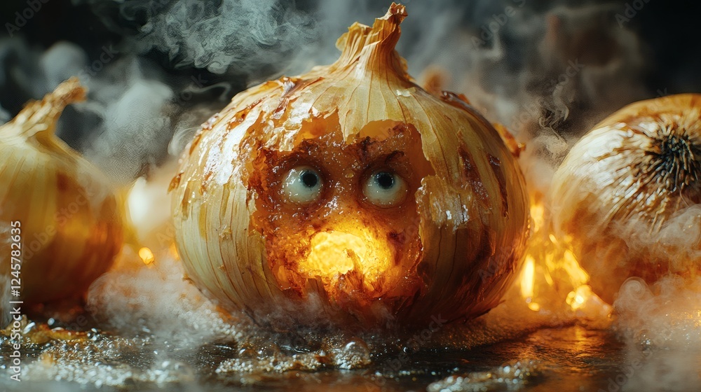 Poster macro closeup of cooking onion with humanlike eyes filled with tears slicing a tiny onion steam surr