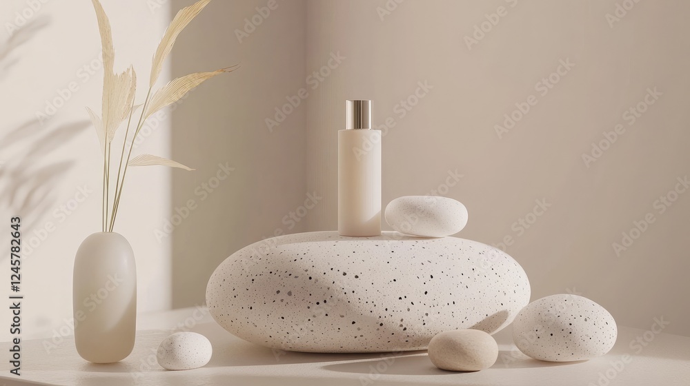Poster a calm, minimalistic scene with polka dot pebbles and smooth rocks providing a chic background for s