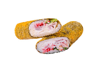 Modern sushi rolls with vibrant ingredients served on a clean white background