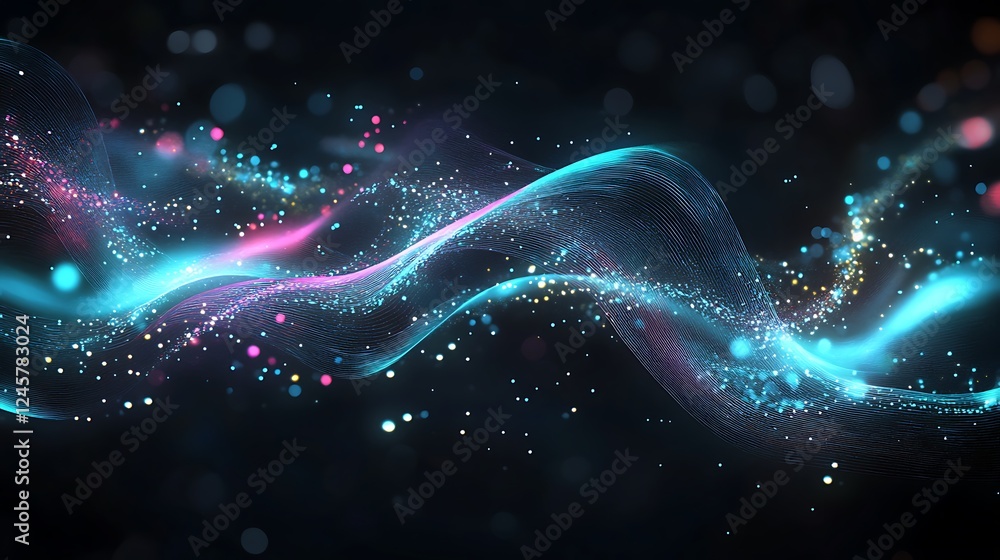Poster a dynamic 2d abstract design of electronic circuits with vivid cyan and magenta highlights, glowing 