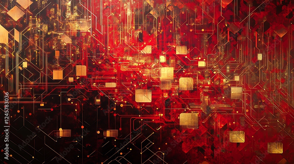 Aufkleber a digital abstract background with futuristic circuitry in radiant red and gold tones, seamlessly co