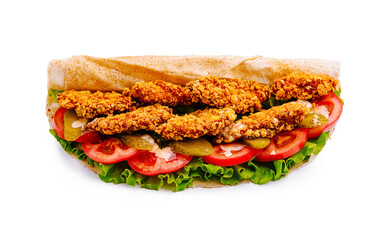 Crispy fried chicken sandwich with fresh vegetables on toasted bread served at lunchtime