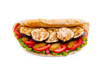 Delicious grilled eggplant sandwich with fresh vegetables served in pitta bread