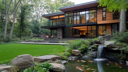 Modern house, wooded landscape, koi pond, waterfall, evening